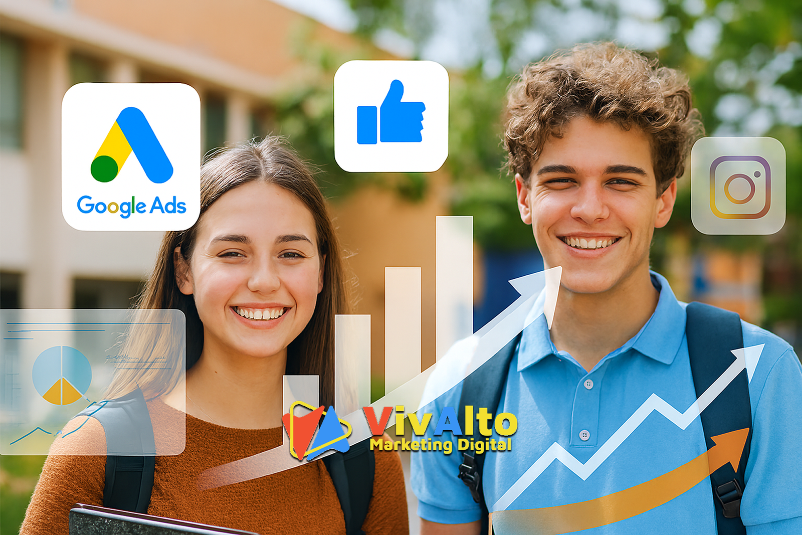 Dois estudantes sorrindo com gráficos de crescimento e ícones de Google Ads, Facebook e Instagram, ilustrando o marketing digital para escolas da Vivalto Digital.