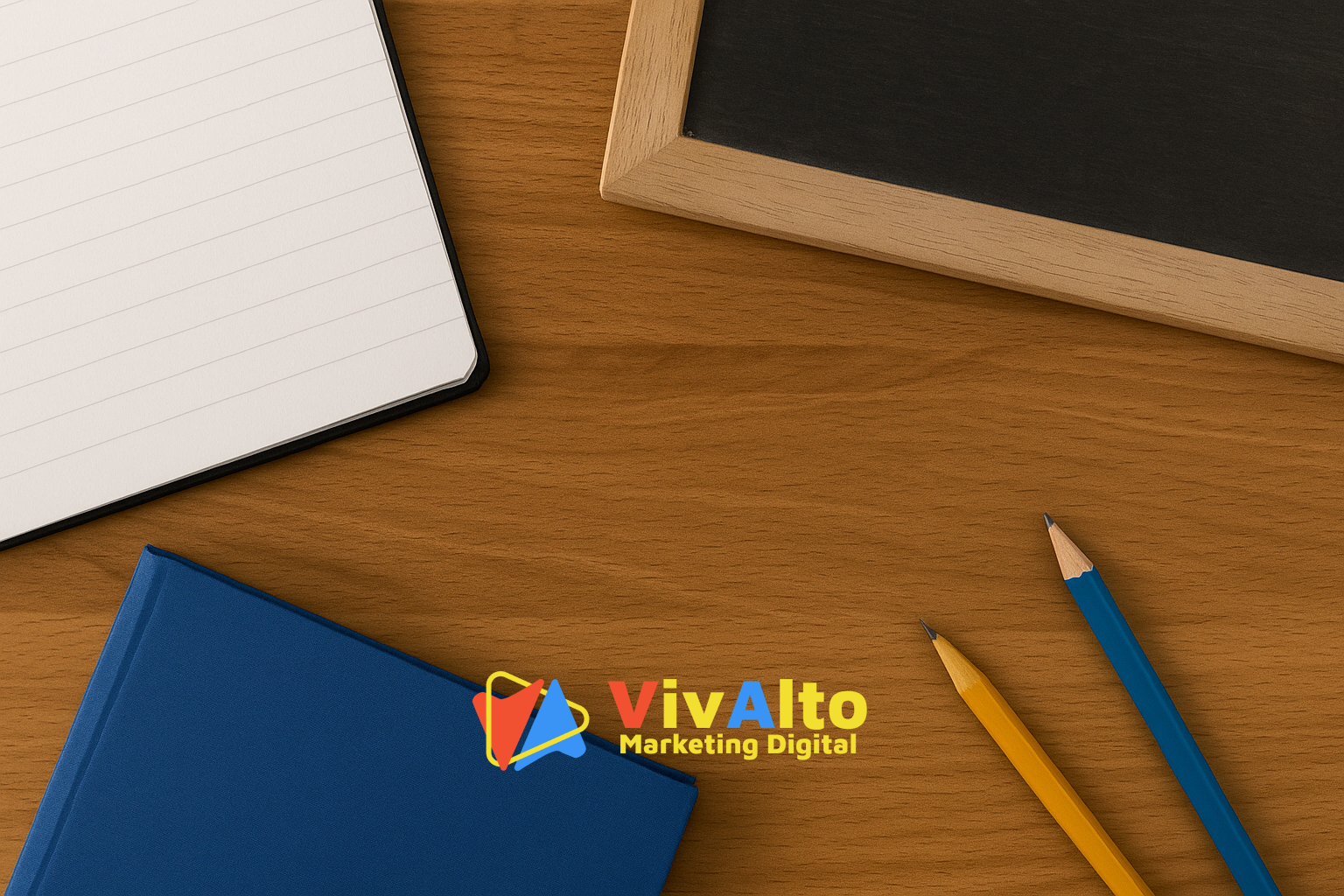 Mesa de madeira com caderno, quadro pequeno, livro azul e lápis, com o logo da Vivalto Digital ao centro.