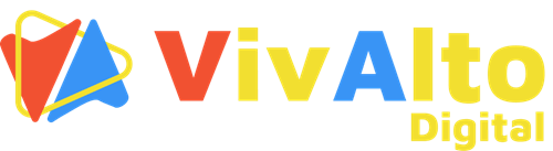 Logotipo da VivAlto Marketing Digital em versão horizontal, tamanho maior, com símbolo vermelho e azul contornado em amarelo e nome nas cores vermelho, azul e amarelo.