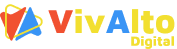 Logotipo da VivAlto Marketing Digital em versão horizontal, com símbolo vermelho e azul contornado em amarelo e nome nas cores vermelho, azul e amarelo.