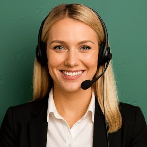 Atendente loira sorridente com headset, de blazer preto, em fundo verde — atendimento ao cliente e call center.